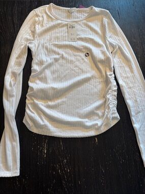 abercrombie kids White Ribbed Long-Sleeve Side Ruched Tee